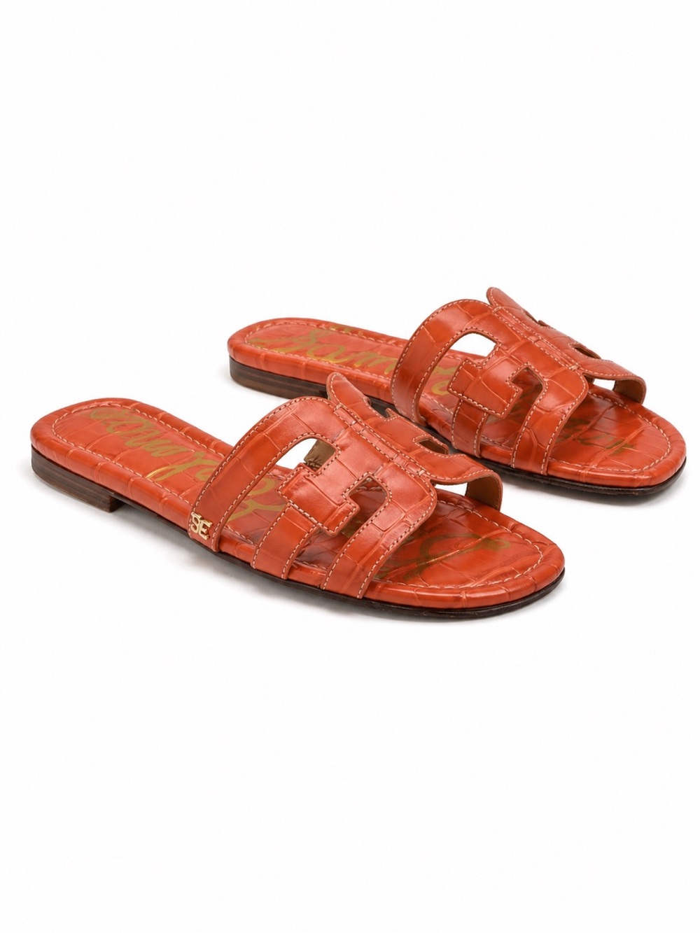 Sam Edelman Bay Slide Sandals Orange Leather Croc Size 8 Designer - Picture 1 of 11
